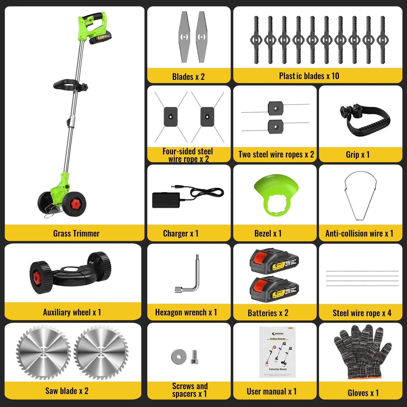 CONENTOOL 21V Cordless Electric Grass Trimmer Handheld Lawn Mower with Wheel Garden Yard Pruning Tool for Makita 18V Battery Pin