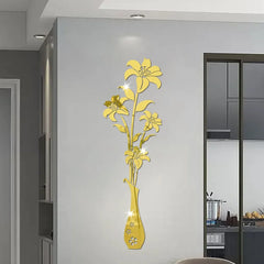 DIY Lily Flower Vase Acrylic Mirror Art Stickers for Room Decoration Vase 3D Flower Wall Decals Sticker Living Room Wall Home Decor