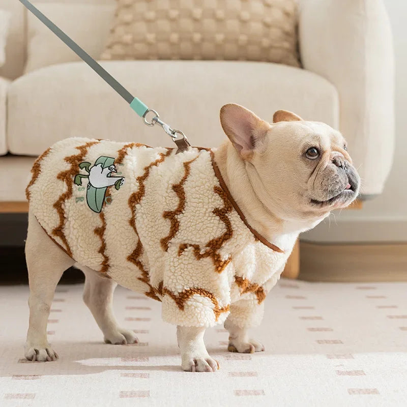 Bulldog Lambs Wool Dog Clothe Winter Warm Wavy Stripes Costume Pet Jacket for Small Medium Dogs Outdoor Pet Accessories