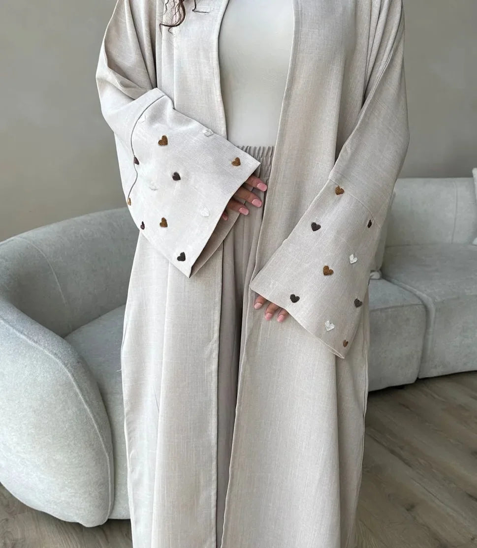 Heart Embroidery Thin Linen Open Abaya Kimono Muslim Dress Abayas for Women Dubai Luxury Turkey Ramadan Eid Islam Clothes Kaftan