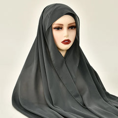 Premium Chiffon Hijab With Bulit-in Magnets Solid Color Easy To Wear Shawl Wrap With Undercap For Muslim Women