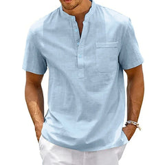 Men’s Cotton Linen Henley Shirt – Casual Short Sleeve Top