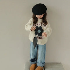 Girls' Letter Flower Pullover Sweater 2026 Spring and Autumn New Korean Children's Fashionable Knitted Sweater Casual Top