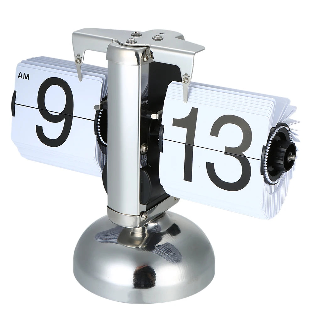 Small Scale Table Clock Retro Flip Over Clock Stainless Steel Flip Internal Gear Operated Quartz Clock Black/White