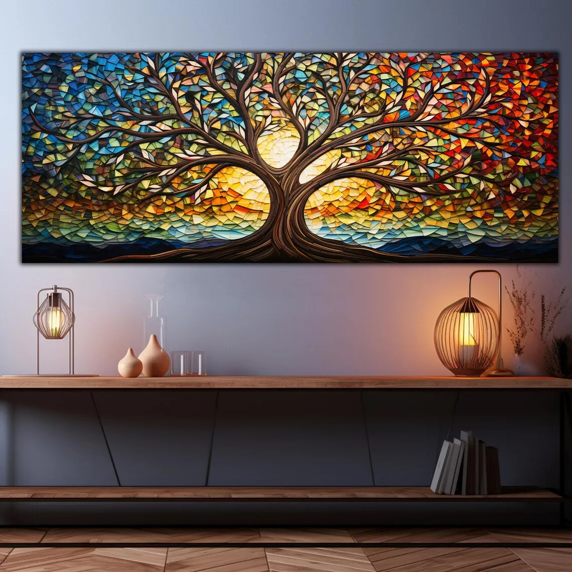Colorful Mosaic Glass Canvas Painting,Tree of Life Artwork Canvas Print, Mythology Gift, for Living Room Office Home Decor