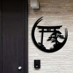 Japanese Bonsai Tree Torii Gate Wall Sculpture - Metal Wall Art, Elegant Hanging Decoration, Housewarming Iron Mural Gift