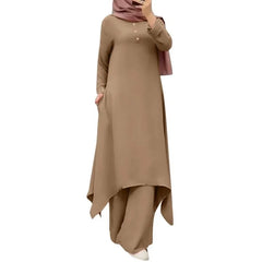 Spring Autumn Hot Sale Of The Season New Muslim Women's Clothing Set Middle East Solid Color round Neck Button Long Sleeve Wide