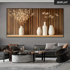 Modern Beige Vase Wall Art Canvas Painting, Frameless 2D Flat Decorative Poster for Living Room and Bedroom, Minimalist Wooden