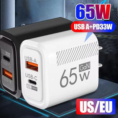 PD 65W GaN Charger USB C Fast Chargering Adapter For Samsung S23 S22 iPhone 15 14 Xiaomi Huawei LG Quick Charge 3.0 USB Charger