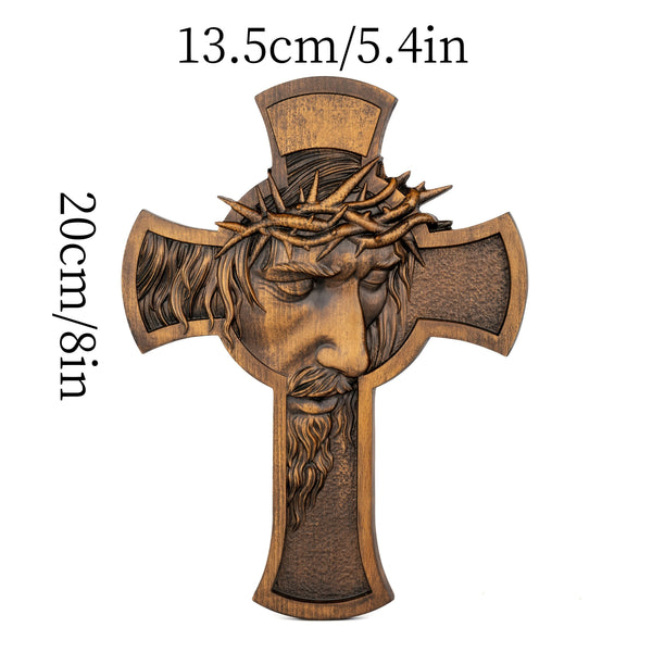2D Flat Retro Wooden Cross Decoration with Thorn Crown Jesus Christian Statue Wall Hanging for Religious Christmas Room Decor