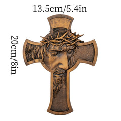 2D Flat Retro Wooden Cross Decoration with Thorn Crown Jesus Christian Statue Wall Hanging for Religious Christmas Room Decor