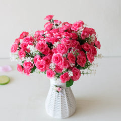 30cm 15Heads Artificial Mini Roses Flower Bouquet Home Living Room Office Desktop Ornament Fake Flowers Wedding Party Decor