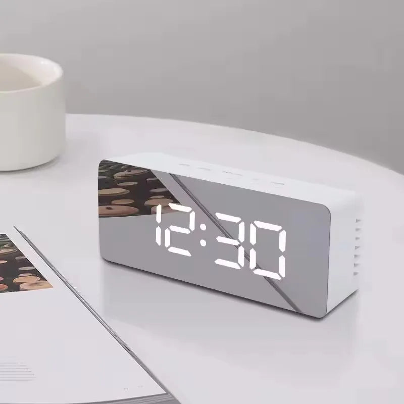 White LED Mirror Digital Alarm Clock – USB Desk Night Light