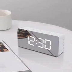 White LED Mirror Digital Alarm Clock – USB Desk Night Light