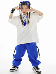 Jazz Dance Clothes Boys Girls Hip Hop Costume Loose Shirt Blue Pants Boys Breaking Street Dance Outfit Short Sleeves Suit