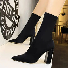 New Socks Boots Fashion Simple For Women Black Pointed Toe Elastic Heels Autumn Winter Slimming Thick Heel Ankle Boots Shoes