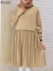 ZANZEA Women Chic Long Tops Islamic Muslim Fashion Hijab O-Neck Wrapped Pleated Hem Blouses Modest Tied Long Sleeve Solid Tunics