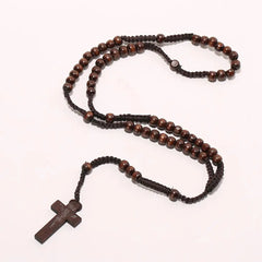 Christ Jesus Wooden Beads 8mm Rosary Bead Cross Pendant Woven Rope Chain Necklace Religious Orthodox Praying Jewelry Chain Decor