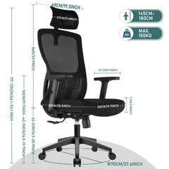 Durrafy Ergonomic Office Chair with Adjustable Headrest, Lumbar Support, Mesh Backrest, Computer Desk Chair for Office Furniture