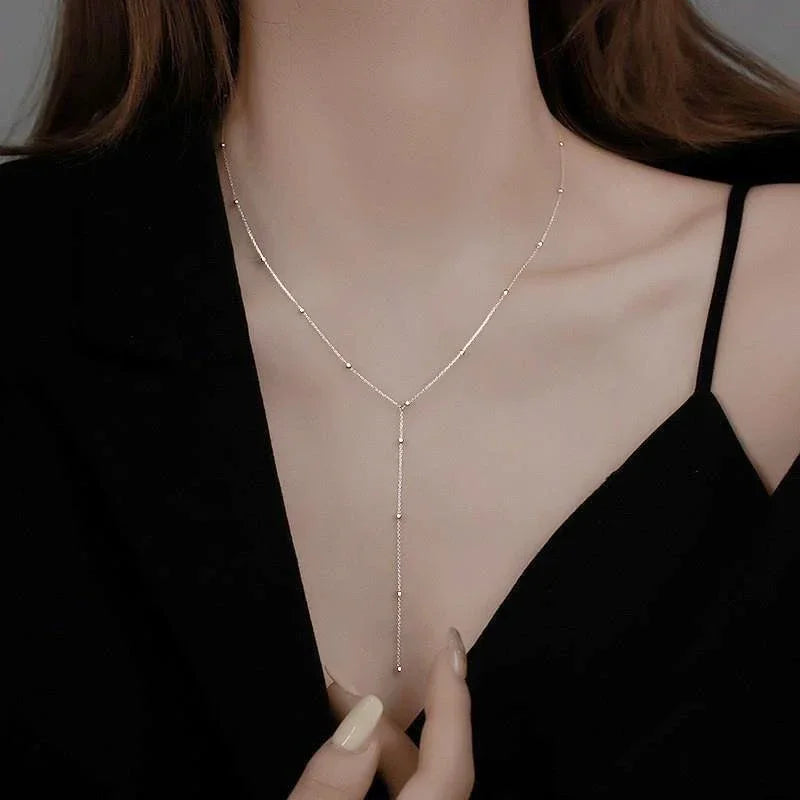 LATS Gold Color Double Layered Long Tassel Chain Necklace Simple Metal Geometric Bead Choker Necklace Fashion Jewelry