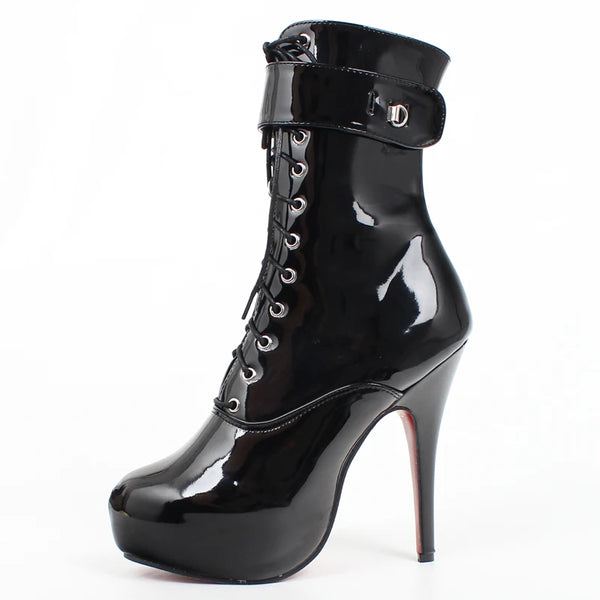 Sexy single boots Lace-Up 15cm High Thin heel 4CM platform ankle short boots Plus Size Padlocks Shoes