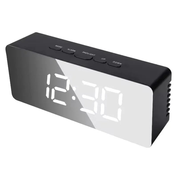 White LED Mirror Digital Alarm Clock – USB Desk Night Light