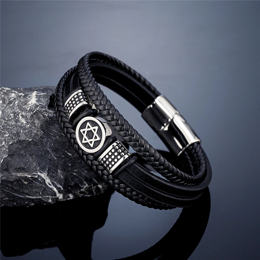 Retro Norse Hexagram Star of David Bracelet Men Stainless Steel Six Point Star Amulet Leather Wristband Religion Jewish Jewelry