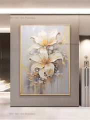 Nordic Handpainted Gold White Flower Oil Wall Art Home Decor