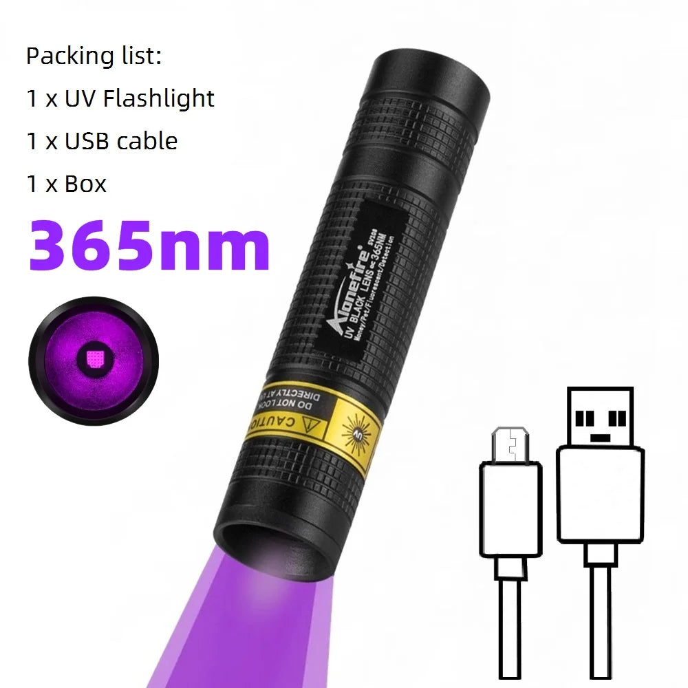 365nm Mini UV LED Flashlight – USB Rechargeable Blacklight