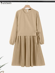 ZANZEA Women Chic Long Tops Islamic Muslim Fashion Hijab O-Neck Wrapped Pleated Hem Blouses Modest Tied Long Sleeve Solid Tunics