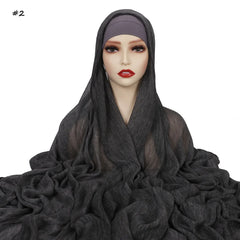 Ramadan Crinkle Rayon Hijabs with Cap Muslim Hijabs for Women Shawls Solid Instant Headscarf Wraps Stripe Islamic Turban Foulard