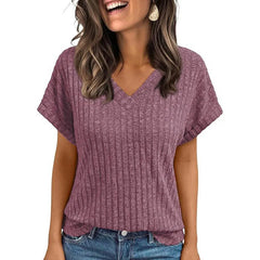 Women’s V-Neck Knit T-Shirt Casual Summer Top