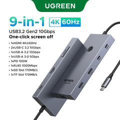 UGREEN USB HUB 4K120Hz DP Type-C to 4K60Hz 2xHDMI SD/TF RJ45 3.5mm USB3.2 Gen2 10Gbps Data for Laptop Dell HP Lenovo Accessories