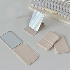 Desktop Makeup Mirror Solid Color PU Leather Simple Portable Handheld Makeup Mirror Foldable Student Compact Cute Pocket Mirror