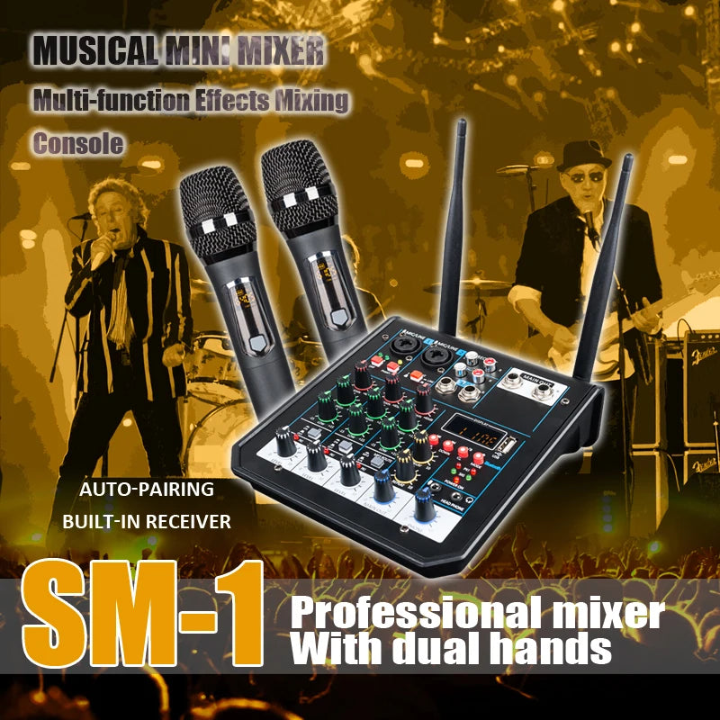 4 Channel Audio DJ Mixer Console with Bluetooth Mixer UHF Wireless Microphone for Home Karaoke Stage Studio