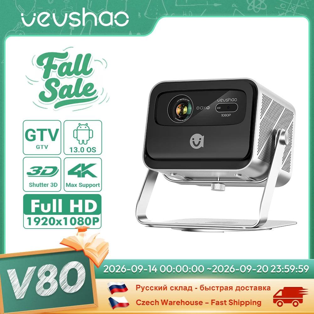 VEVSHAO V80 4K Projector Full HD1080P 2200 Anis Lumens Android 11.0 WiFi 6 Video Home Movie Theater Projectors with Base Stand