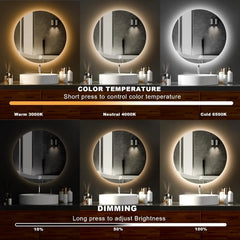 Round LED Bathroom Mirror For Over Sink 50CM Electric Vanity Mirror Backlit Lights Shower Shaving Wall Mounted IP54 Hardwired