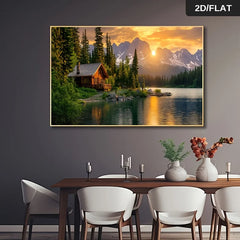 Frameless Modern Rustic wooden houses are set in a lush forest on the shores of a peaceful lake Wall art Canvas Painting Art for