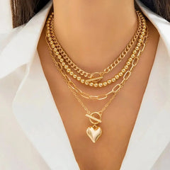 4Pcs/Set Punk Gold Color Heart Pendant Necklace Trendy OT Buckle Beaded Neck Chain Choker Y2K Jewelry Accessories