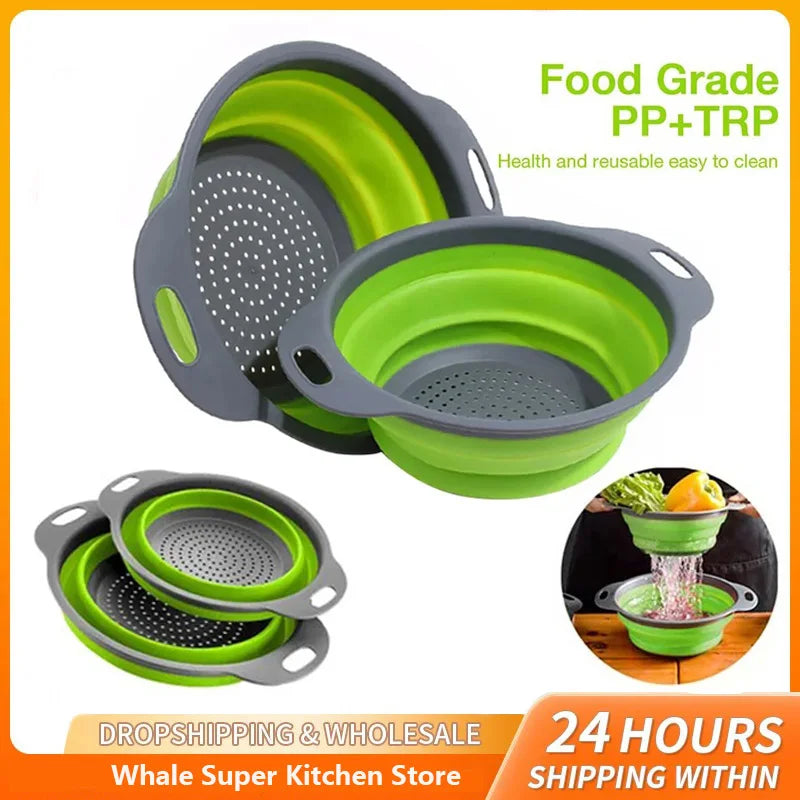 Silicone Folding Drain Basket Fruit Vegetable Washing Basket Foldable Strainer Colander Collapsible Drainer Kitchen Storage Kitchen Tools