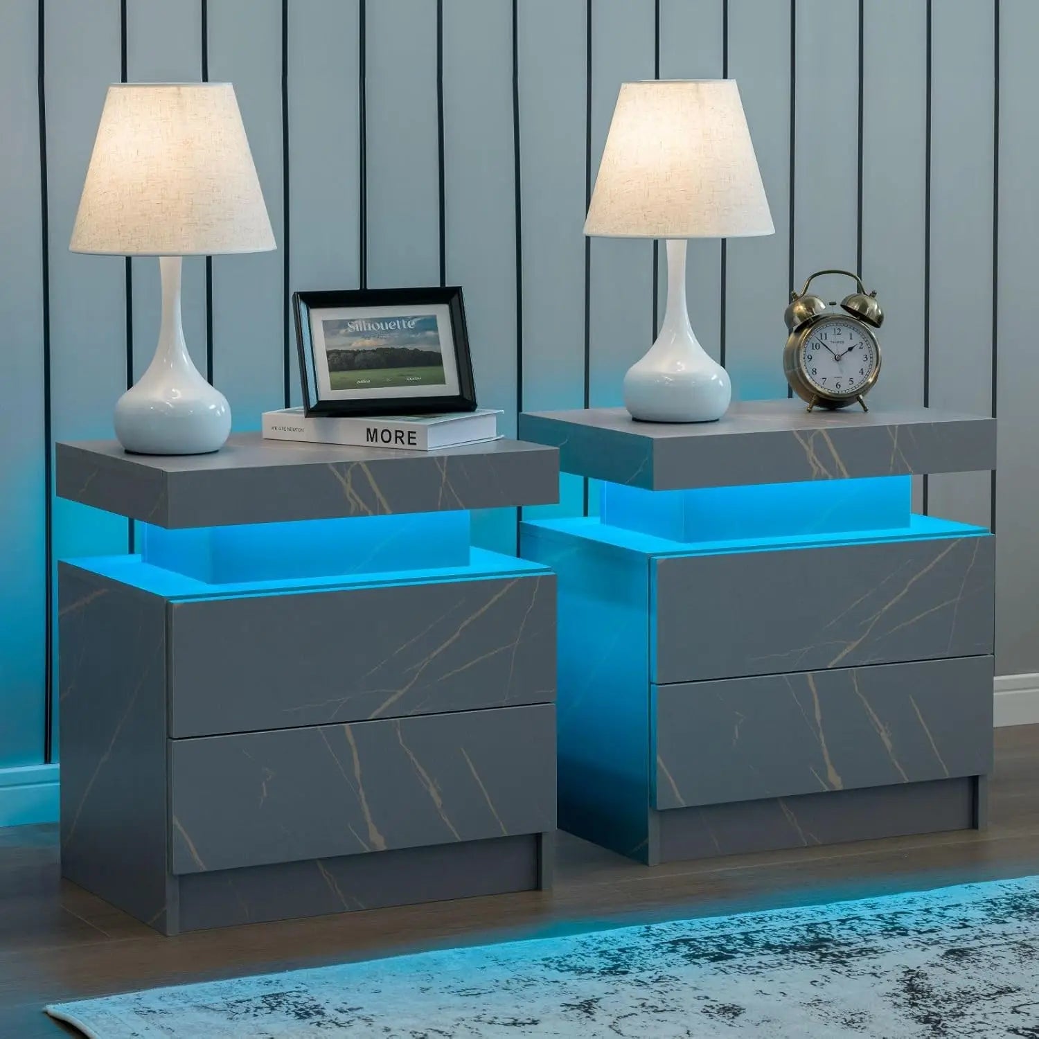 Set of 2 LED Nightstands with 2 Drawers – Modern Bedside Tables Bedroom Furniture