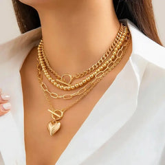 4Pcs/Set Punk Gold Color Heart Pendant Necklace Trendy OT Buckle Beaded Neck Chain Choker Y2K Jewelry Accessories