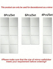 6 acrylic mirror stickers, bedroom home full-length mirrors, self-adhesive soft mirrors, durable and not easy to break