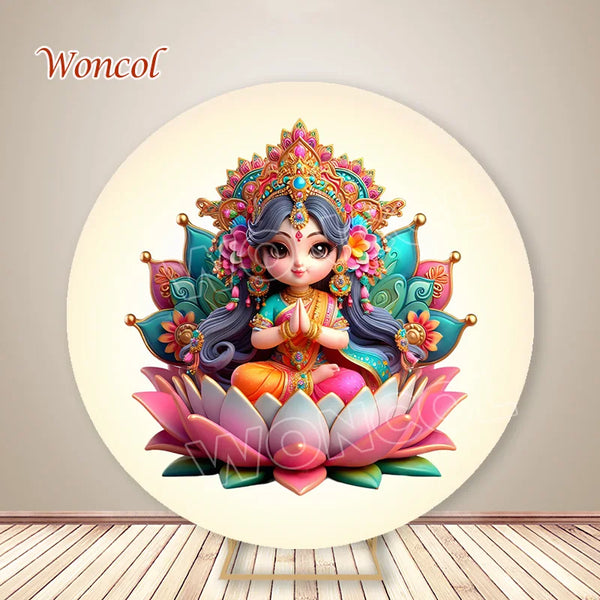 Krishna Round Backdrop Baby Baptism Backdrop Hindu God Krishna Radha Yashoda Circle Cover Indian Wedding Photography Prop