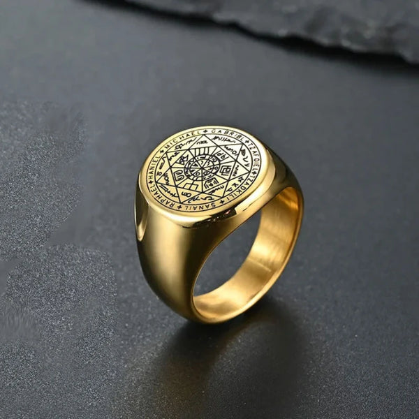 YILUOCD Seal of The Seven Archangels Rings for Men The Key of Solomon Ring Kabbalah Talisman Amulet Stainless Steel Male Jewelry