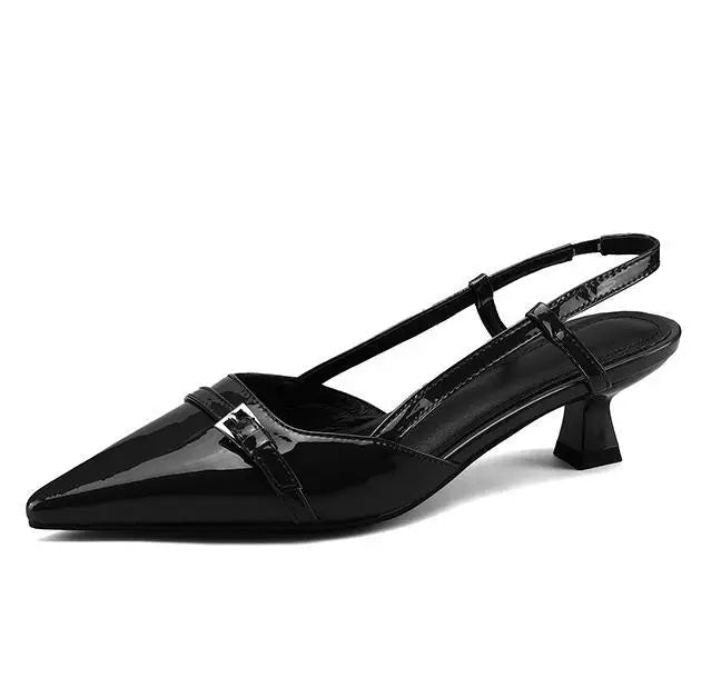 2024 New Summer Women's Dress Shoes Patent Leather Slip on Pointed Toe Sandals Buckle Slingbacks Mid Heels Pumps Sandalias Shoes