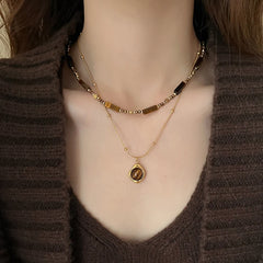 Retro Temperament Layered Tiger Eye Stone Pendant Necklace Stainless steel Double-Layer Chain Sets Jewelry