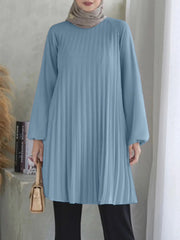 ZANZEA O Neck Islamic Hijab Abaya Blusas Solid Raglan Sleeves Casual 2024 Fall Long Tops Women Pleated Muslim Fashion Blouses