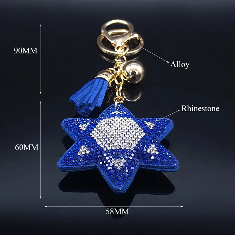 2024 Judaism Hexagram Blue  Crystal Bag Accessories Women Turkey Eye Alloy Gold Color Key Chain Jewelry ojo turco KK11S05