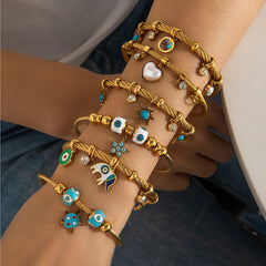 ANENJERY 316L Stainless Steel Colorful Eyes Heart Beads Drip Oil Pendant Bracelet for Women Men Personality Fashion Jewelry Gift
